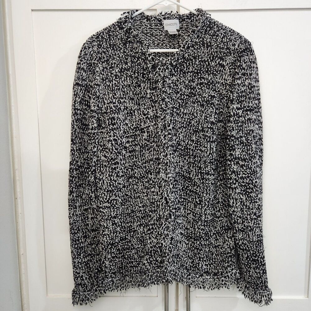 Chicos 2 Black White Fringed Cardigan Sweater Size Large Hook Closure